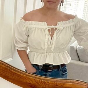 Blue Blush Off-Shoulder White Peasant Blouse with Tie Front